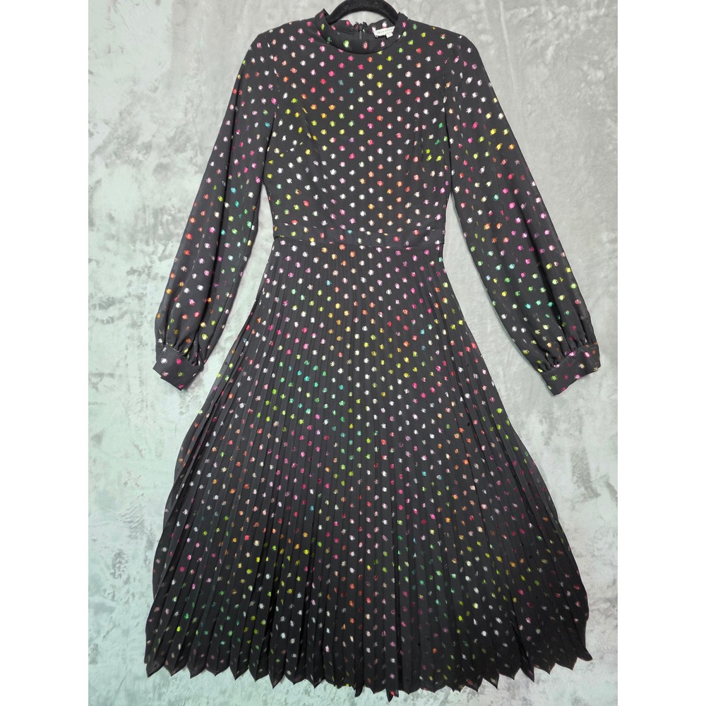 Warehouse Black Multicolor Metallic Foil Polka Dot Pleated Midi Dress Womens 4